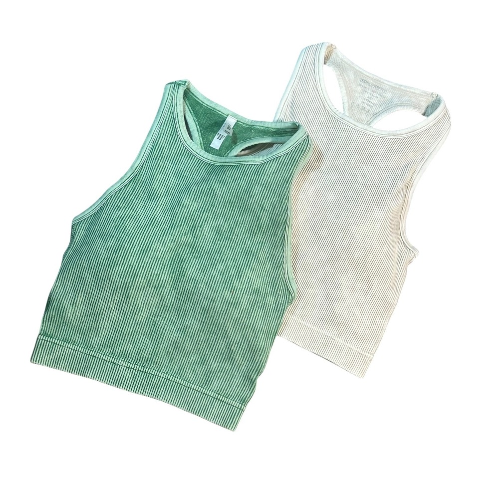 Zenana Ribbed Crop Tank Tops Women S/M Green Cream‎ Excellent Mineral Wash 2pk